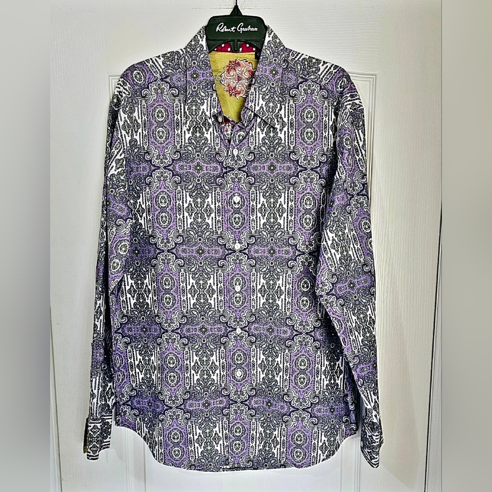 Robert Graham Black and Purple Geometric Shirt Size Large.